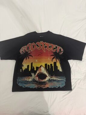 Godspeed Graphic Black Long Sleeve Tee with Sunset Shark Print